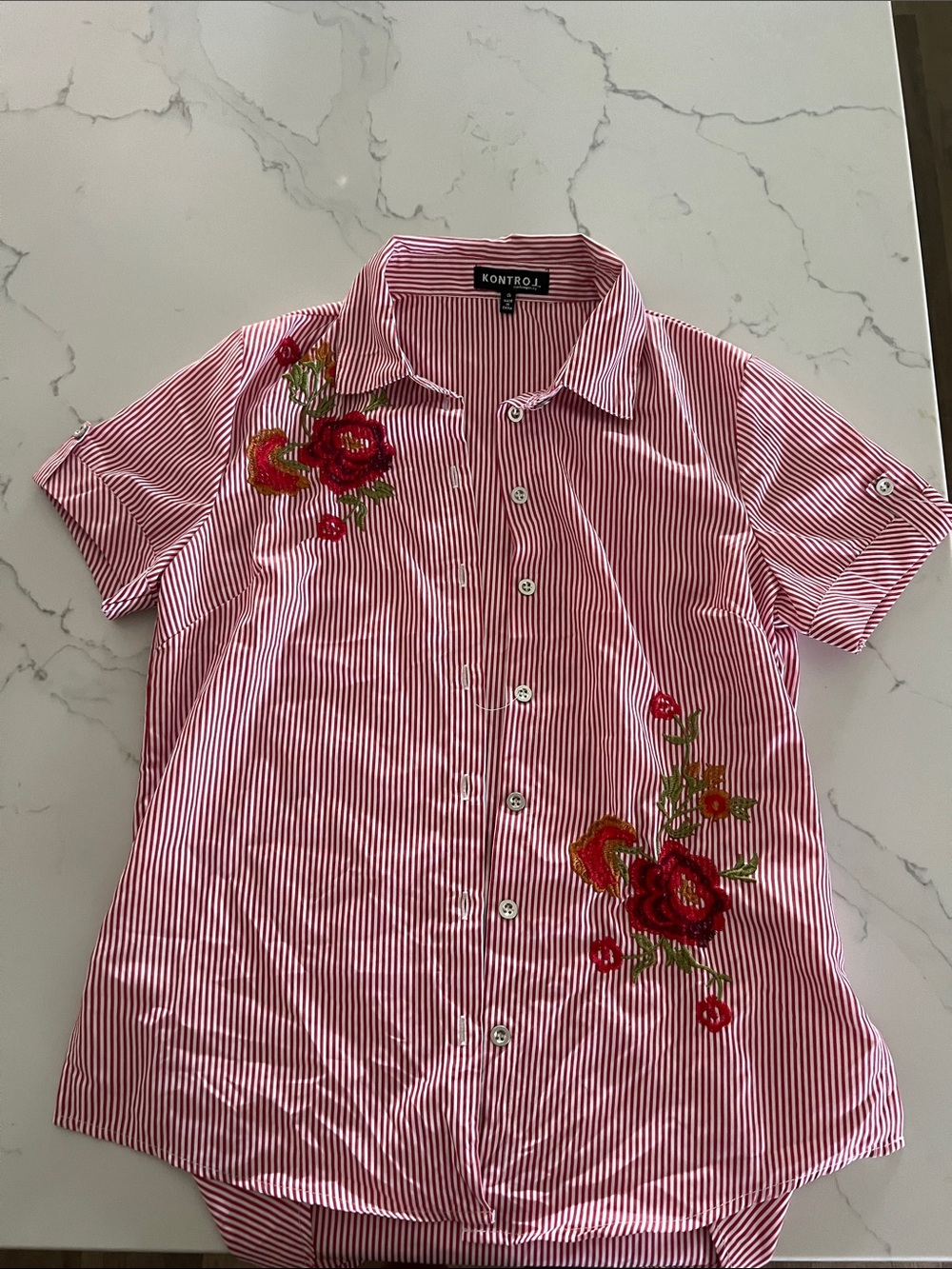 Kontrol Red Striped Button-Down Shirt with Floral Embroidery